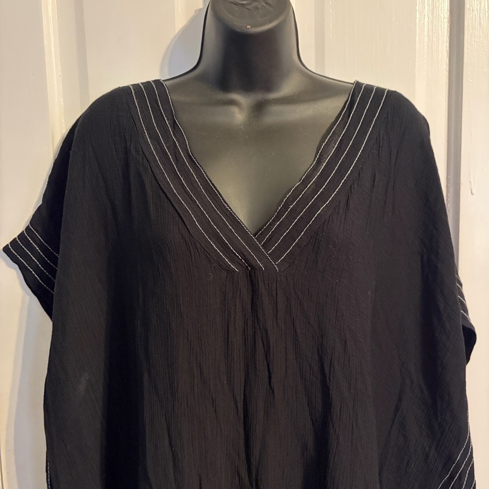 Black V-Neck Swim Cover Up with White Stitching